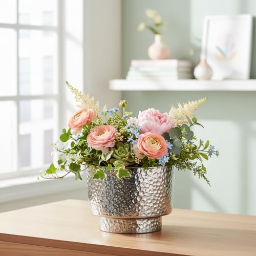 Image of Xtore Striking Textured Ceramic Planter Pot | Sculpted Metallic Silver Finish with Contemporary Appeal for Living Room, Desk & Tabletop Decor (Pack of 1,Planter Only)
