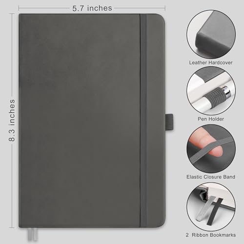 Image of RETTACY Lined Journal Notebook, 192 Numbered Pages, A5 Size (5.7'' x 8.3'') | Leather Hardcover, 100 GSM Thick Paper, for Men & Women, Journaling, Writing, Work & Office (Gray)