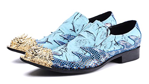 Santimon Mens Dress Shoes Genuine Leather Metal Pointed Dragon Tip Tuxedo Business Formal Composite Loafers