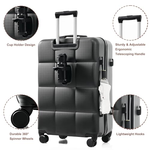 Black Hardside Luggage 3-Piece Set (20/24/28) with Cup Holder,Spinner Wheels, ABS Hard Shell Airline Certified Carry-on Luggage (Black)4