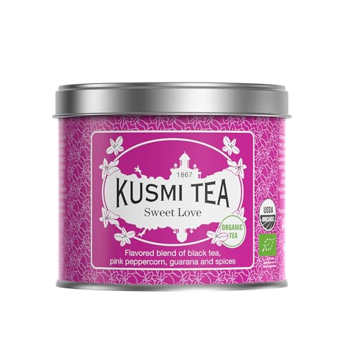 Kusmi Tea   Sweet Love   Té Negro 100% Orgánico   Mezcla de Té Negro, Pimienta Rosa, Guaraná y Especias   Hojas Sueltas   Lata de 100g   Cantidad para Aprox. 50 Tazas