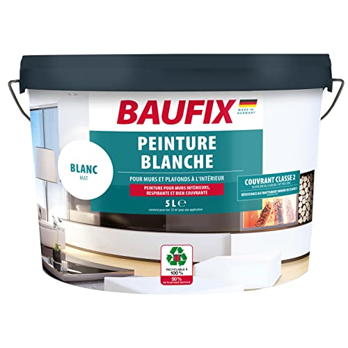 BAUFIX Peinture murale blanc mat - 5 l - Avec un fort pouvoir couvrant - Classe 2 - Pour murs et plafonds