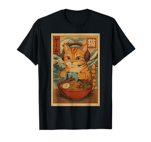 Kawaii Anime Gamer Cat Ramen Retro Japanese Gaming Funny T-Shirt