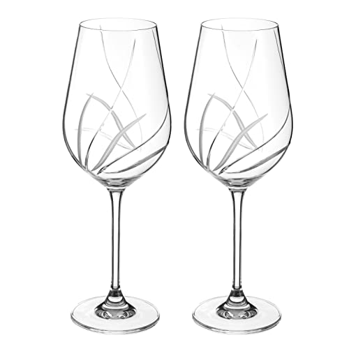 Image of DIAMANTE Red Wine Glasses Pair with ‘Meadow’ Collection Hand Cut Design - Set of 2 Crystal Wine Glasses in Gift Box