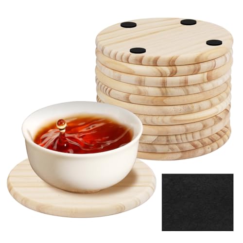12 Pezzi 10 cm Sottobicchieri Legno Rotondi con Cuscinetti Antiscivolo, Sottobicchieri Rotondi Vuoti, Sottobicchieri in Legno Naturale Vuoti per Bevande, Birra, Tazze di Vetro 