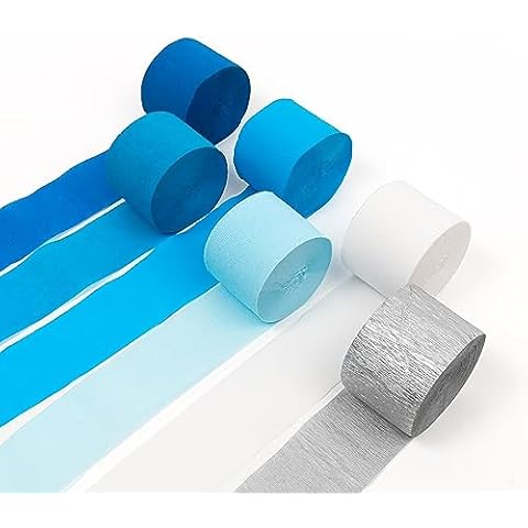 HOUSE OF PARTY Blue Skies Crepe Paper Streamers 6 Crepe Paper Rolls 492ft (1.8 Inch x 82 Ft/Roll) - Pack of 4 Shades of Blue, 1 Silver, 1 White Streamers Party Decorations Cover
