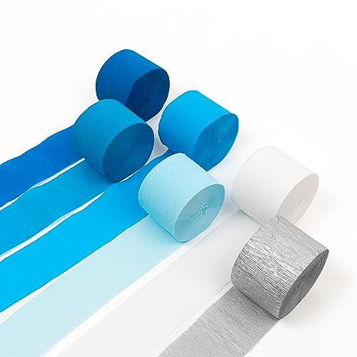 HOUSE OF PARTY Blue Skies Crepe Paper Streamers 6 Crepe Paper Rolls 492ft (1.8 Inch x 82 Ft/Roll) - Pack of 4 Shades of Blue, 1 Silver, 1 White Streamers Party Decorations