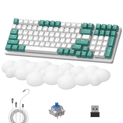 LexonElec K6 Teclado Mecánico Inalámbrico con Reposamuñecas Nube Blanca, 100 Teclas, 96% Layout, 4000mAh, Cableado/2.4Ghz/BT 5.0, RGB Backlit, Cable en Espiral para Juegos - Aqua Green Blue Switch