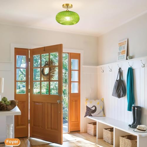 Semi Flush Mount Ceiling Light Fixture,Gold Light Fixture,Sloped Ceiling Lights with Green Glass Shade,Vintage Hallway Light Fixtures,Hanging Kitchen Ceiling Lighting for Bathroom Entryway Bedroom — view 2