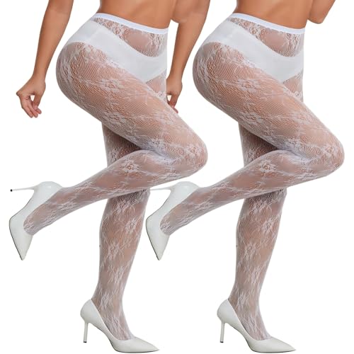 Image of 2 Pairs Lace Patterned Tights Fishnet Floral Stockings Small Hole Pattern Leggings Tights Net Pantyhose