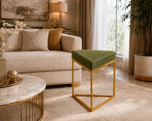 Image of Modern Velvet Triangular Vanity Stool with Gold Metal Frame | Upholstered Makeup Chair for Dressing Table | Accent Seating for Bedroom, Living Room & Home Decor-Olive Green.