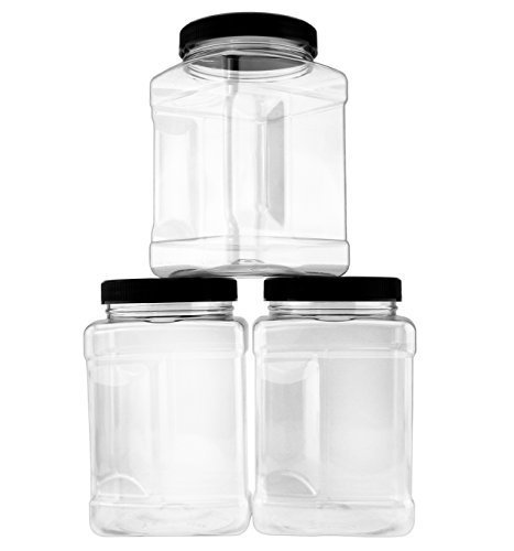 48-Ounce Square Plastic Jars (3-Pack); Clear Rectangular 6-Cup Canisters w/Black Lids, Easy-Grip Side