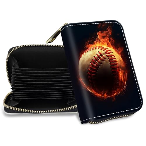 Credit Card Holder with Zipper, Slim RFID Blocking Card Wallet for Women Men Cool Fire Baseball Design PU Leather Small Accordion Card Case Wallet, ID Card Organizer, Pocket Business Card Case