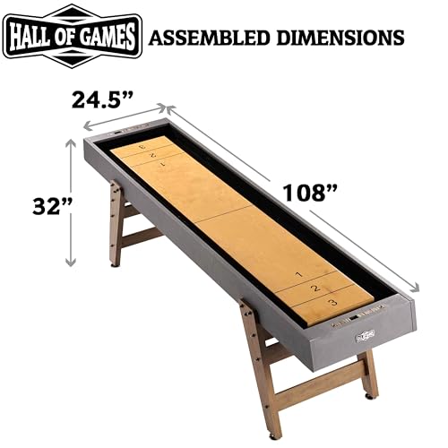 Hall of Games 9ft Kinwood Shuffleboard Table with Scratch Resistant Playfield and 8-Puck Set Perfect for Family Game Rooms