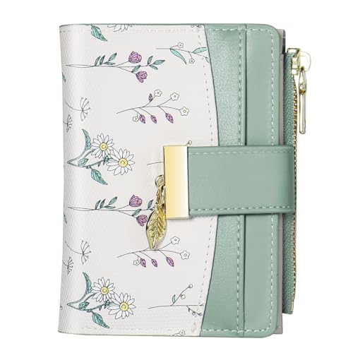 Image of Avando Wallets for Women- RFID Blocking- Soft PU Leather Bifold Coin Zipper Pocket Purse-Small flower wallet Credit Card Holder with ID Window (Green)