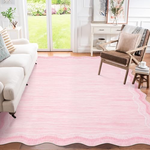 Garvee Scalloped 5x7 Rugs Washable Area Rugs for Living Room,Modern Stain Resistant Solid Rug for Bedroom Girls Room, Scalloped Low Pile Non-Slip Neut