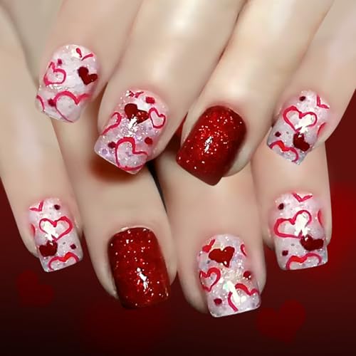 Image of Red Glitter Press on Nails Heart Fake Nails with Design Short Square Glue on Nail Glossy Full Cover Valenmtine's Day Stick on Nail for Women Manicure 24Pcs