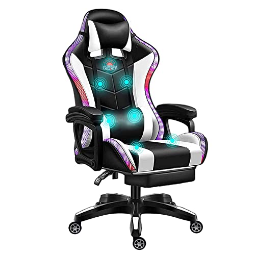 ライトアップマッサージゲーミングチェアマッサージランバーピローRGB LEDライトリンケージアームレスト人間工学に基づいたスイベルホームコンピューターリクライニングチェアハイバックオフィスチェア,白