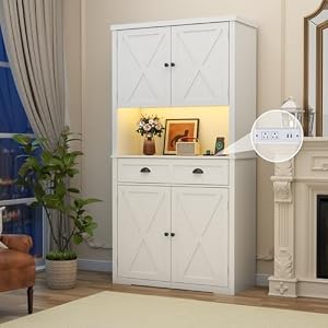 Loomie 72” Farmhouse Kitchen Pantry Cabinet, LED Kitchen Cabinet with Operation Table & Power Outlet, Tall Storage Cabinet with Drawer, Cupboard with Adjustable Shelves for Dining Room (White) Loomie 72 Farmhouse Kitchen Pantry Cabinet LED Kitchen Cabinet with Operation Table Power Outlet Tall Storage Cabinet with Drawer Cupboard with Adjustable Shelves for Dining Room White