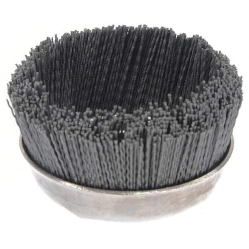Image of Weiler 14576 5 inch Nylox Cup Brush, .040 inch /120 Grit Crimped Nylon Fill, 5 /8 inch-11 UNC Nut, Made in the USA
