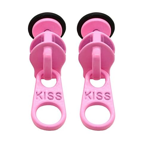 tumundo 2 Fakeplug Earrings Zipper Zip Fake Tunnel Plug Piercing to Screw Pink Rose 10mm Steel Earstud Cheater Studs Cover