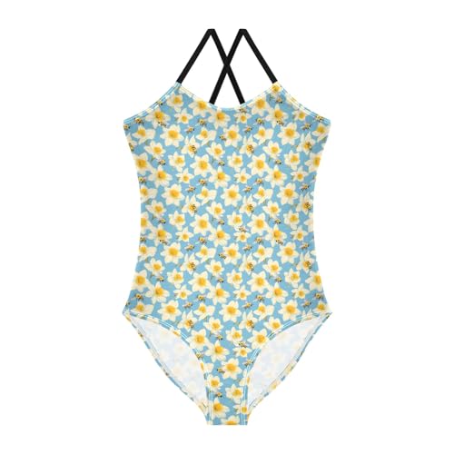senya Girls Swimsuits One-Piece Swimwear Tie Bathing Suit Beach Summer Round Neck 5-6T Flower Yellow Bee Pattern