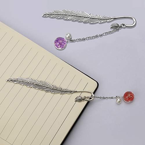 6 Pieces Metal Feather Bookmarks with Leaf Eternal Dry Flower Pearl Pendant Crafts, Vintage Creative Book Mark Clip Page Marker, for Boys Girls Kids Women Adults Gift, 6 Colours, Silver