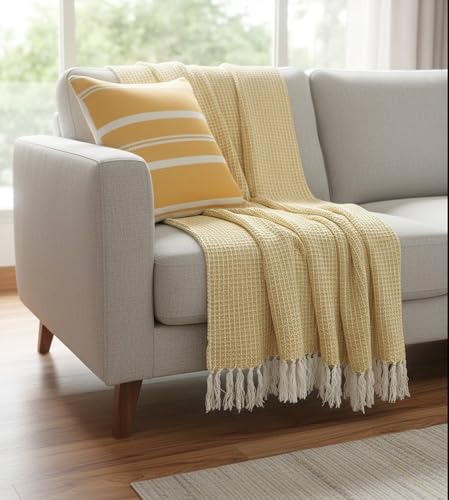 Image of SAJAVAT HOME Soft Cotton 3 Seater Sofa Throw with Cushion Covers | 80x52 Inches / 204x132 Cm | Yellow Throw & Yellow Cushion 18''x18'' for Sofa, Bed, Chair & Travel | Pack of 1
