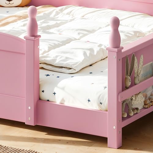 Image of Bellemave Full Size Montessori Floor Bed Frame with High Fence, Solid Wood Kids Floor Bed with Bookshelf, Low Profile Bed for Boys & Girls, Childlike Design,Pink