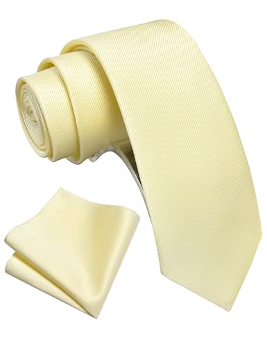 GUSLESON Light Yellow Tie for Men Solid Formal 6cm Slim Skinny Necktie and Handkerchief Set For Wedding (0754-52)