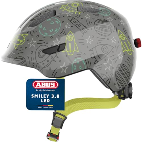 ABUS - ABUS Casque pour enfants Smiley 3.0 LED - Casque de vélo avec lumière - ajustement profond & place pour une tresse - pour filles et garçons - Gris avec dessin de l'univers, taille S, S (45-50 cm) - -29%