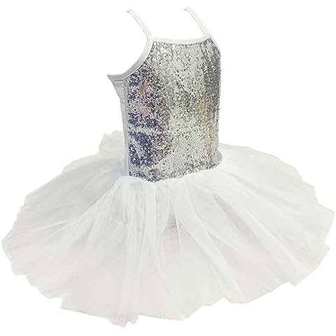 KKmeter Kids Girls Sequined Spaghetti Straps Leotard Skirt Ballet Dance Tutu Sweetheart Ballerina Costume (White, 4-5) Cover