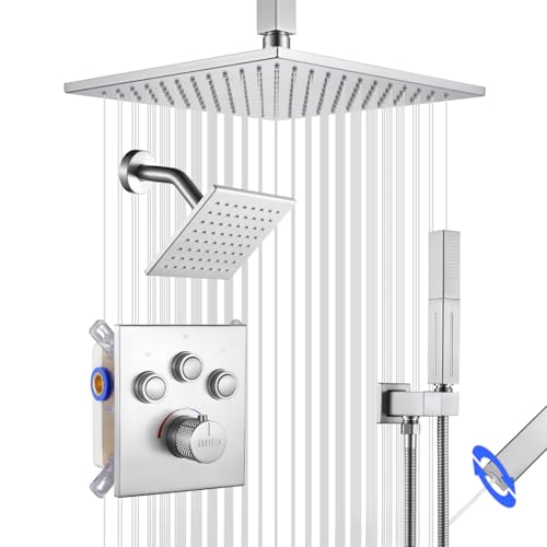 SHOYELA Thermostatic Shower System Brushed Nickel, Push Button Diverter Shower Faucet with 2 in 1...
