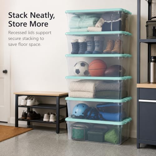 Image of Storage Bins 66 Qt Clear Latching Lid Stackable 6 Pack Mint Green