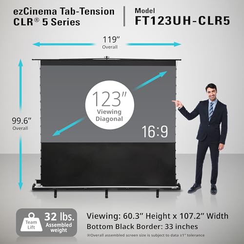 Image of Elite Screens ezCinema Tab-Tension CLR 5, 123-inch Portable Floor-Rising UST Projector Screen, 16:9 ALR Ceiling Light Rejecting Tab-Tension Scissor-Backed Manual Pull-Up+Carry Bag, Black- FT123UH-CLR5