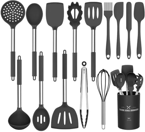 Lot de 15 ustensiles de cuisine en silicone anti-adhésifs et résistants à la chaleur avec porte-ustensiles, poignée en acier inoxydable, passe au lave-vaisselle (noir)