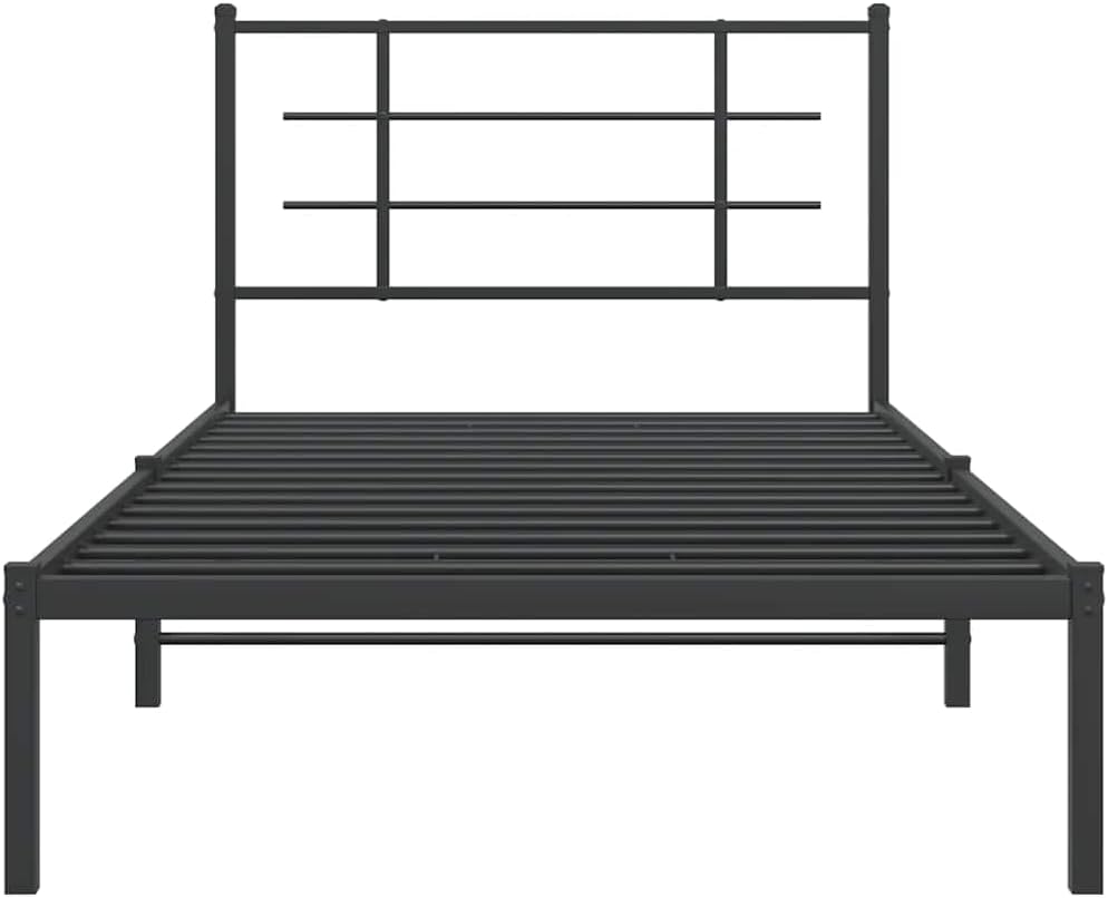 Bed Frame Black Powder-Coated Steel Twin Size Platform Bed Frame with Headboard and Storage Space Modern Minimalist Sturdy Durable Furniture for Bedroom Mattress Support