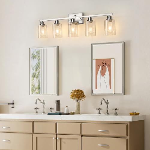 Image of Ascher Bathroom Light Fixtures, 5-Light Vanity Lights with Clear Glass Shade, Modern Brushed Nickel Wall Light for Mirror Bedroom Hallway Cabinet Porch
