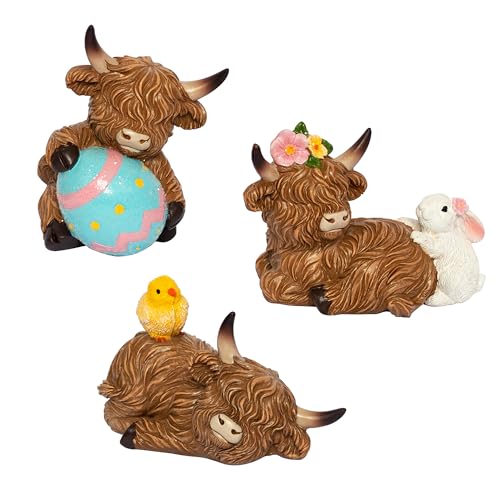 YeehaWhoo Highland Cow Easter Decor, 3 Pcs Highland Cow Figurine with Chick Eggs Bunny, Spring Day Gifts Rustic Resin Ornaments Statue for Farmhouse Tiered Tray Table Home Decoration