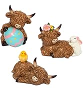 YeehaWhoo Highland Cow Easter Decor, 3 Pcs Highland Cow Figurine with Chick Eggs Bunny, Spring Da...