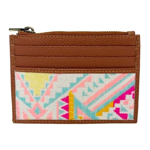 Myra Bag Western Credit Card Holder for Women - Slim Minimalist Canvas Leather Wallet - Pink Geometric