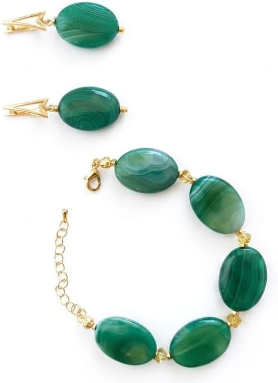 Juego de pulsera y pendientes de ágata verde, latón chapado en oro de 18