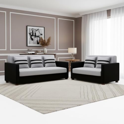 Image of FURNY Lifestylio 5 Seater Fabric 3+2 Sofa Set (Light Grey-Black) Premium Velvet Finish | Ideal for Living Rooms, Offices