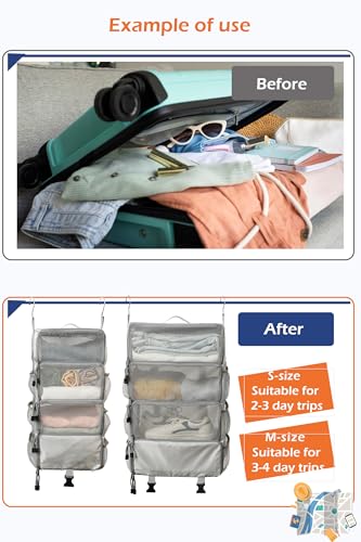 TABITORA Travel Luggage Organizer insert Hanging Packing Cubes for Suitcase Carry on Closet Hanging Shelves Folding(Grey,M)2