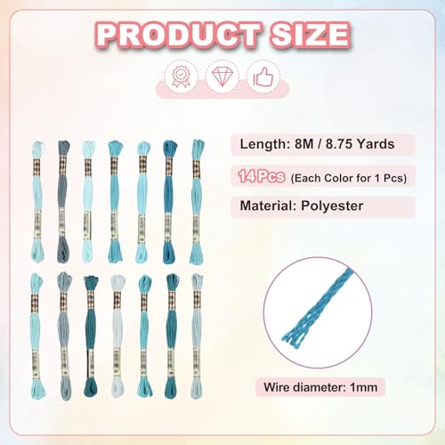 Image of PATIKIL 14 Skeins Embroidery Floss, Polyester Embroidery Threads Bracelets String for Cross-Stitch Hand Embroidery, Multicolored Light Blue