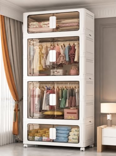 Image of Plastic Wardrobe for Cloths | 4 Layer Stackable Almirah with Hanging Rod, Transparent Doors, Wheels | Foldable Storage Cabinet Organizer for Clothes /Books /Toys (SJ-White, 4-Door)