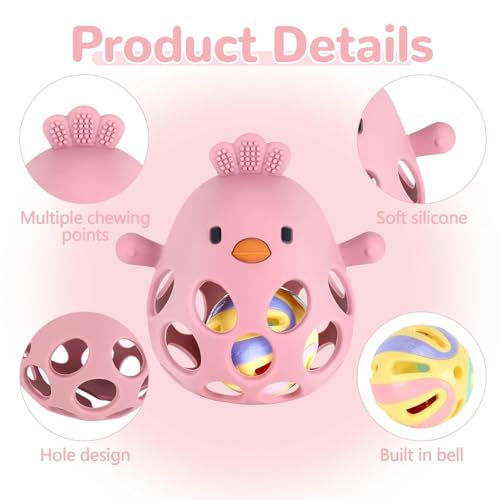Image of Baby Teething Chick Toy, Upgraded Easy Grasp Silicone Teething Rattle Ball Toy for Babies Over 3 Months, 100% Food Grade, Gift for Infant Boys and Girls 0-6-12 Months (Dark Pink)