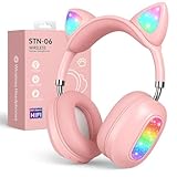 Picture of auvstar Cat Ear Kids Headphones Wireless for Children Girls, LED Light Up Foldable Kids Bluetooth Headphones with Microphone, Bluetooth 5.4&Stereo Sound, for School/Tablet/Birthday (Pale Pink)