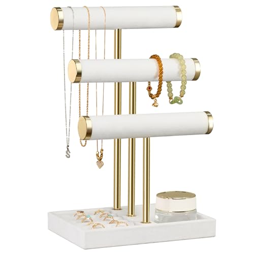 Josmimic Organisateur de Bijoux à 3 Niveaux - Présentoir à Bijoux Blanc pour Bracelets, Support à Bracelets en Velours, Support à Bijoux, Colliers,...