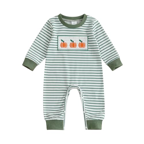 Newborn Baby Boy Girl Halloween Outfit Pumpkin Embroidery Stripe Romper Jumpsuit Bodysuit Fall Winter Clothes